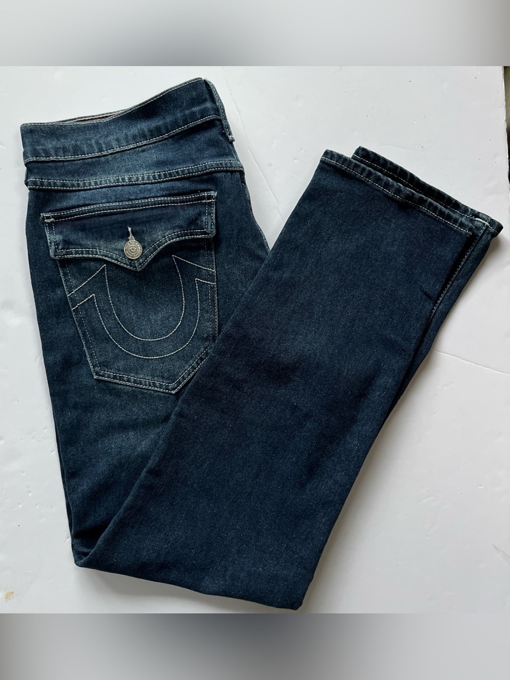 True Religion Men’s Slim Straight Geno Dark Blue Jeans with Contrast Stitching